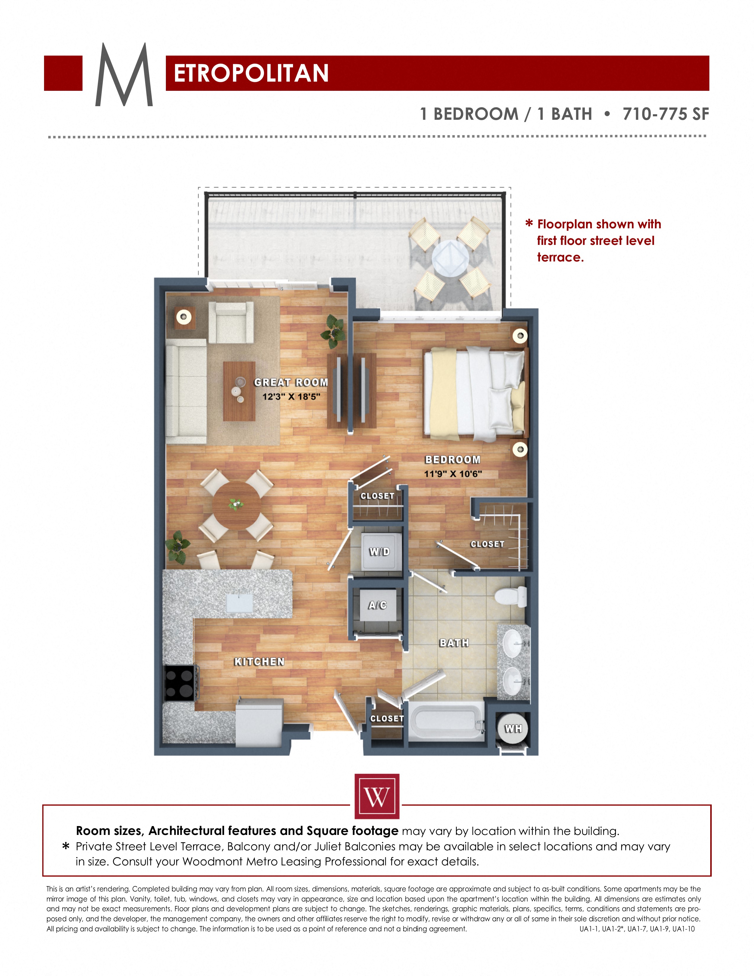 Floor plan for 1 bed, 1 bath, 710 sqft
